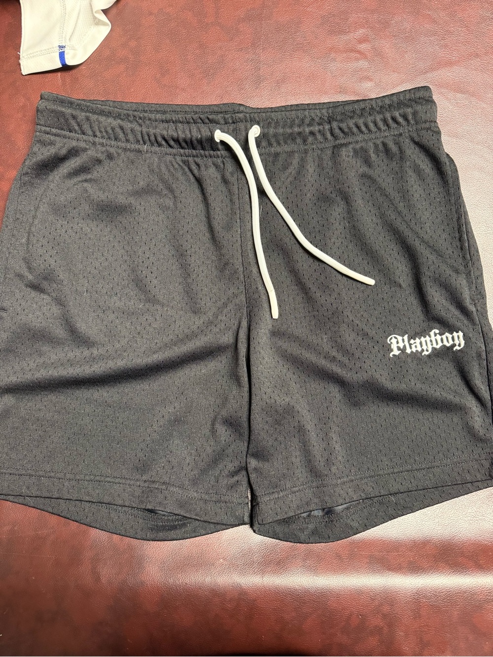 PLAYBOY Black Mesh Athletic Shorts with White Drawstring